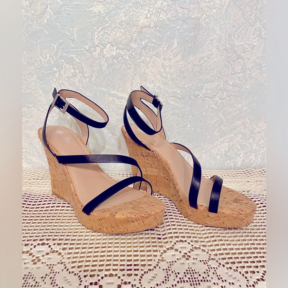 Charles by Charles David  Sz9M  black strapped cork wedge heels